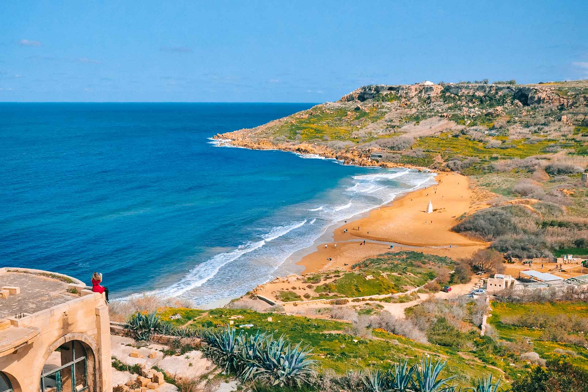 Gozo's main beach, Ramla Bay, during springtime